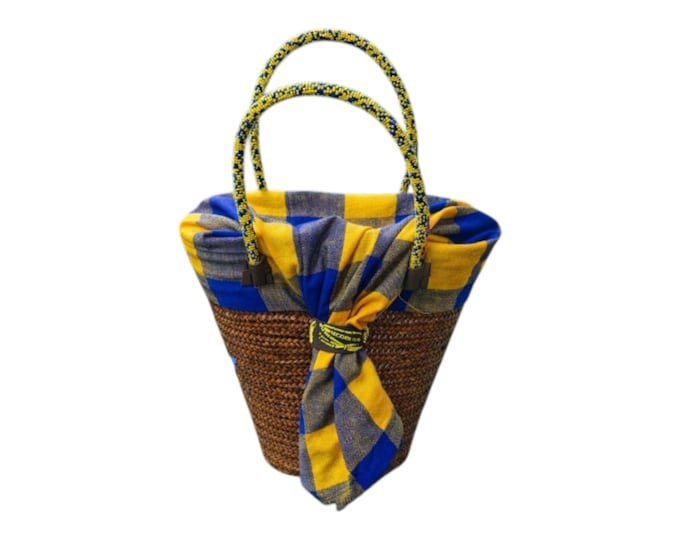 Handcrafted African Sisal Tote Bag, Woven Straw Beach Basket with Yellow & Blue Plaid Cloth Top, Beaded Handles Summer Gift