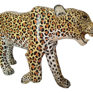 Hand-Painted Wooden Leopard Figurine with Black and Orange Spots - African Wildlife Art Decor-Table top console top Art
