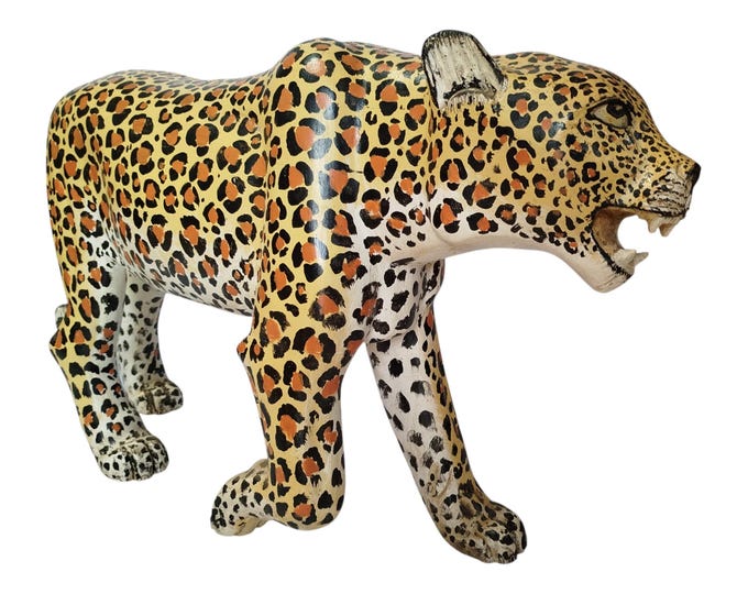 Hand-Painted Wooden Leopard Figurine with Black and Orange Spots - African Wildlife Art Decor-Table top console top Art