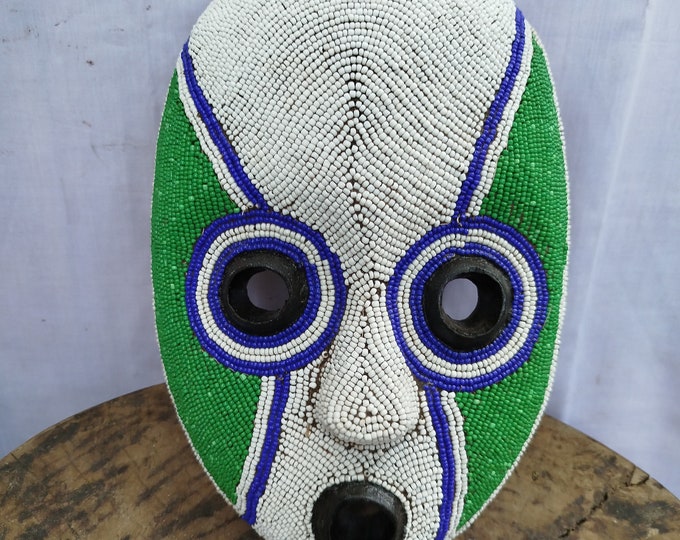 Striking West African Mask with White & Green Stripes (Hand-Carved Wood)(Democratic Republic of Congo Art gift wood Wall Hanging Home Decor