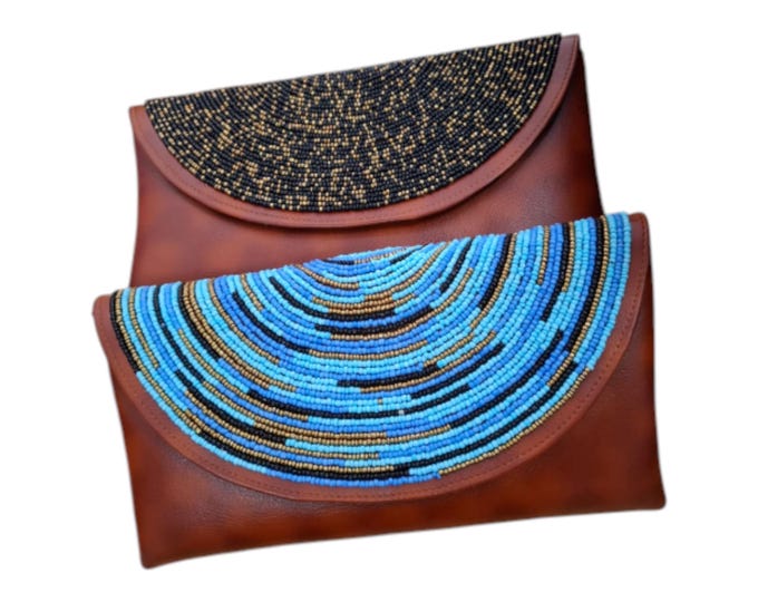 Handcrafted African Beaded Leather Envelope Clutch Set, Brown Evening Purse with Blue & Black Bead Flap, Boho Gift for Her