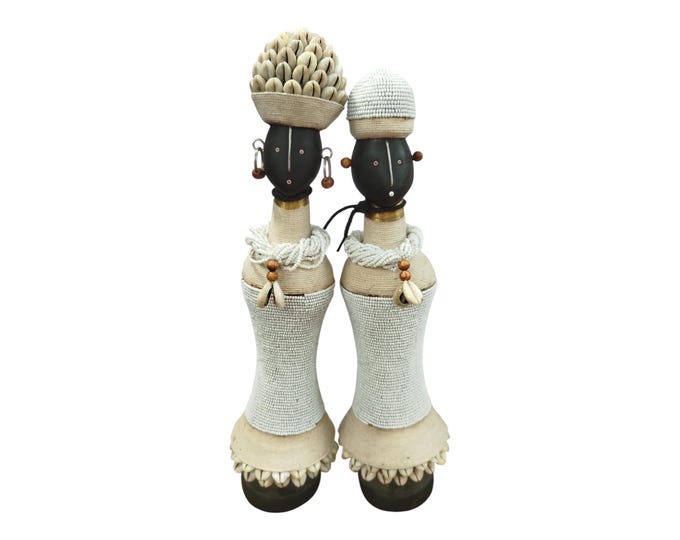 On Sale Elegant Namich Dolls: Beaded & Cowrie Shell African Figurines (Set of 2) Celebrating Childhood Symbolic Cultural Console decor
