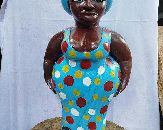 Vibrant Mama Africa African Woman Figurine,Blue African Figure colonial West africa Safari Shelf console top Art grandpa gift wood