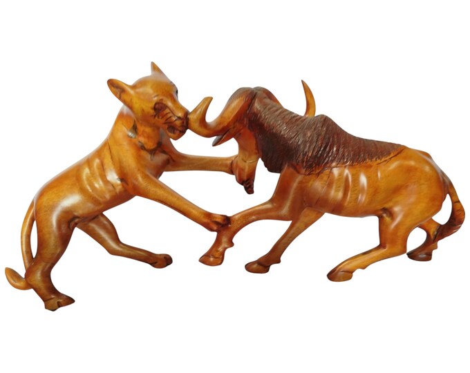 Dynamic Hand-Carved Wooden Lioness and Wildebeest/Buffalo Sculpture - African Wildlife Art Table top console top Art grandpa gift Ebony wood