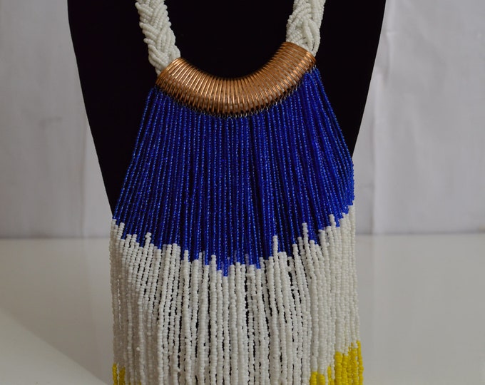 Beaded Blue White Yellow Brass African Necklace | Maasai Traditional | Gift for Her |