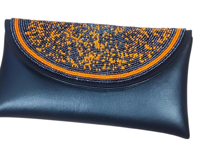 Handcrafted African Beaded Leather Envelope Clutch, Black Leather Evening Purse with Orange Bead Flap, Boho Gift for Her