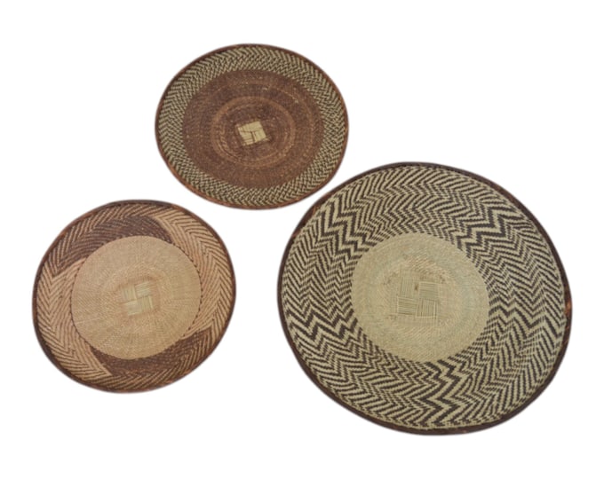 Set of 3 Woven Wall Baskets Deco, Boho, African Basket Wall Art, Handwoven Seagrass Chic Plate 15'',16'',20''