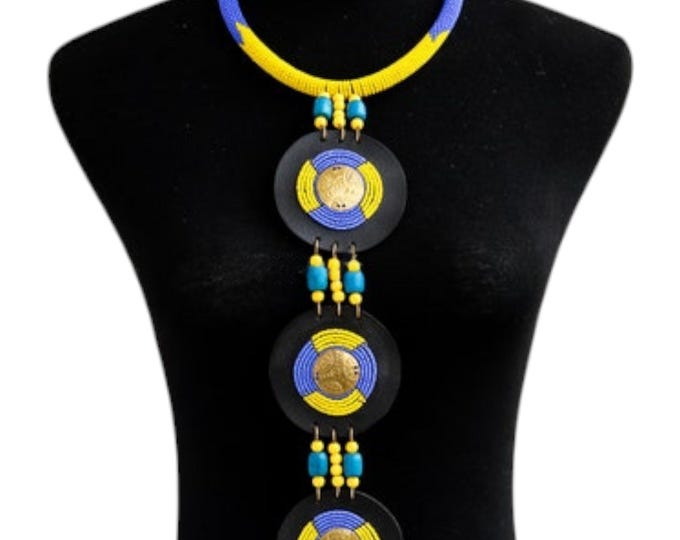 African Beaded Coin Pendant Necklace, Yellow & Blue Geometric Choker, Statement Necklace with Black Discs