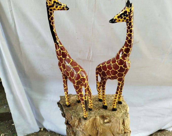 Handcarved Kamba Giraffe Pair (Finest Wood) Safari Shelf Table top console top Art grandpa gift Ebony wood