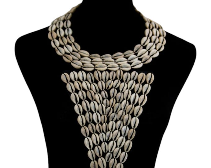 African Cowrie Shell Waterfall Choker Necklace, Dramatic Statement Bib, Natural Shell Cascade Jewelry
