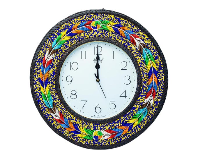 Handcrafted African Beaded Wall Clock, Royal Blue Feather & Speckled Mosaic Frame, Boho Home Decor, Housewarming Gift