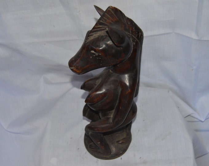 Wooden Carved Woman Donkey Statue Safari Shelf Table top console top Art grandpa gift Ebony wood