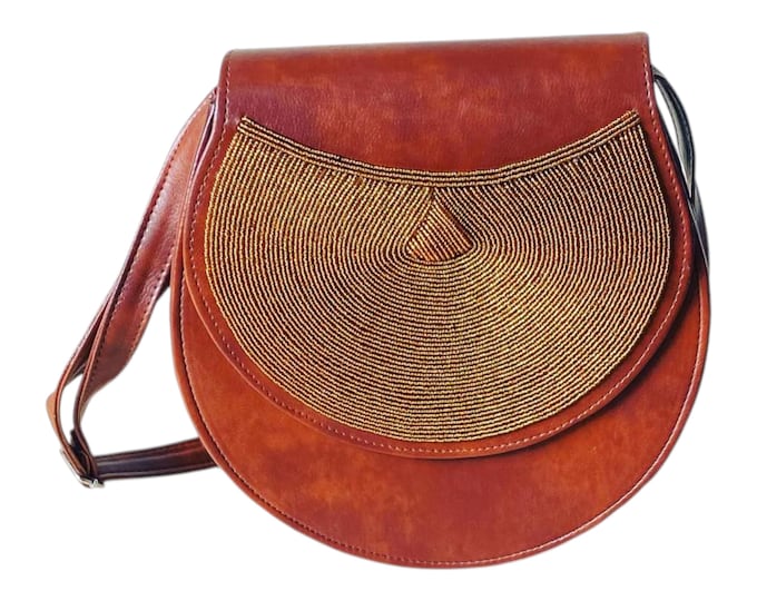 Handcrafted African Beaded Leather Crossbody Bag, Warm Brown Saddle Purse with Metallic Gold Bead Flap, Boho Gift for Her