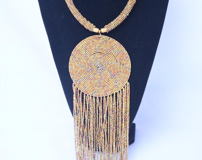 On SALE African   Radiant Gold Beaded Necklace with Multi-Colored Disc Pendant & Tassels | Stylish | Gift for Her | Masai Mara