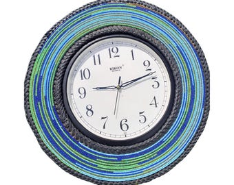 Handcrafted African Beaded Wall Clock, Blue & Green Concentric Seed Bead Frame, Boho Coastal Home Decor, Housewarming Gift
