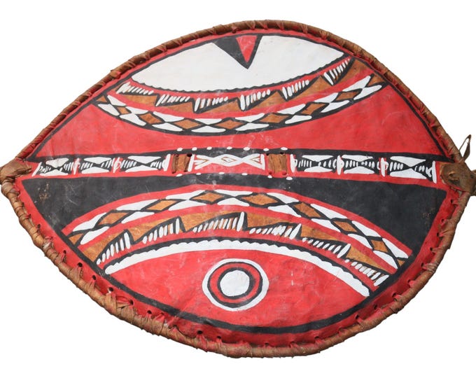 African Maasai Style Shield | Hand-Painted Red & Black Geometric Wall Art | Leather Decorative Tribal Art