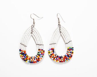 On SALE African Vibrant Handcrafted White & Multi-Color Beaded Teardrop Earrings: African-Inspired Jewelry Maasai Earrings | White Earrings