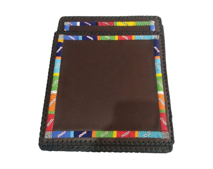 Set of 2 Maasai Beaded Leather Placemats | Multi-Color African Tribal Table Decor | Rustic Placemats