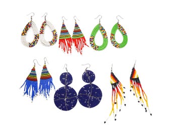 Maasai Beaded Earrings Set: African Fringe & Hoop Dangles