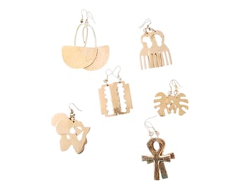 Wholesale African Brass Earrings: Ankh, Afro Pick, Map, Monstera