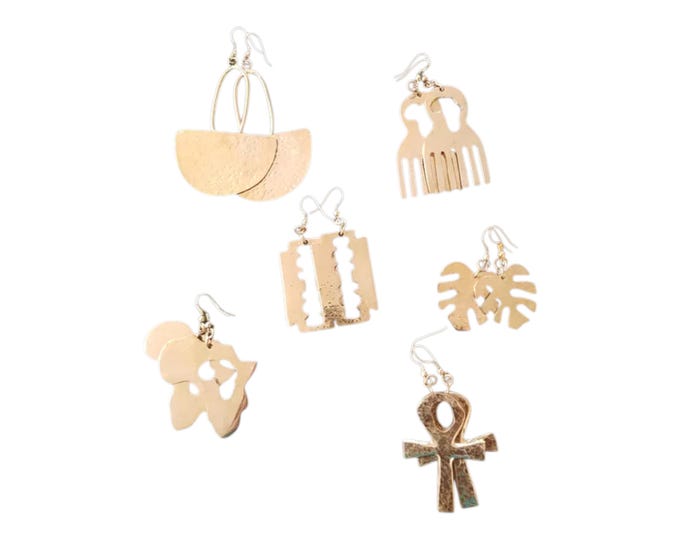 Wholesale African Brass Earrings Assorted Designs Ankh Afro Pick Africa Map Monstera Leaf Handmade Look Statement Ethnic Jewelry Lot For Her