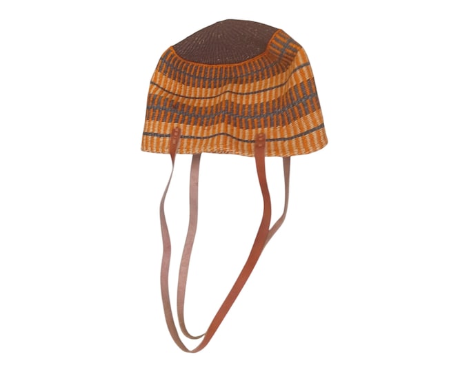 Handwoven Sisal Tote Bag with Leather Straps, Brown & Orange Striped Market Purse, Boho Earthy Shoulder Bag, Straw Beach Tote