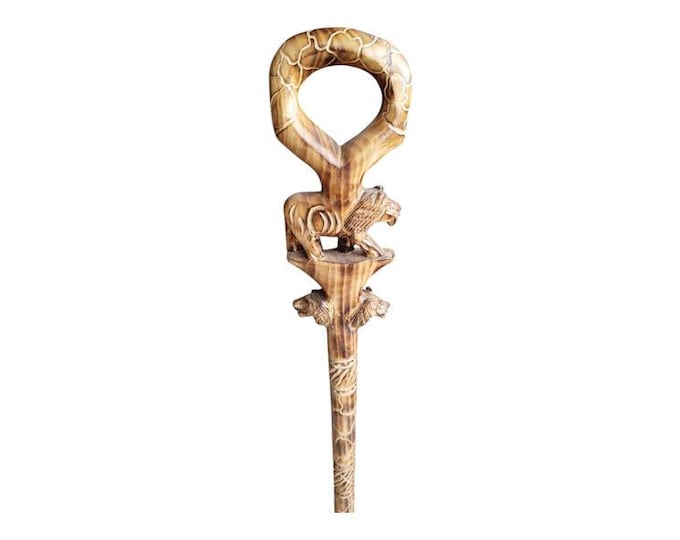On Sale!! Majestic Hand-Carved Wooden Walking Cane: Lion & Elephant Motifs with Loop Handle Gentleman Royalty