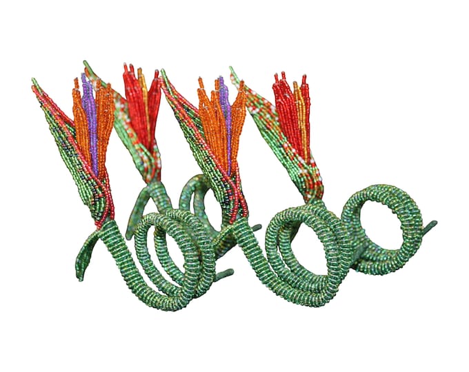 6pcs Beaded Bird of Paradise Napkin Rings Set, African Wire Seed Bead Flower Napkin Holders, Boho Tropical Table Decor Gift