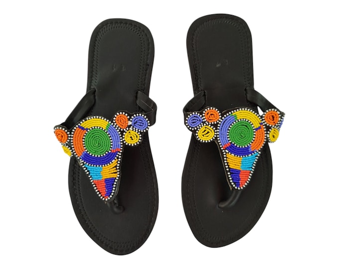 Colorful Abstract Sandals Women Summer Beach Handmade African Wedding Birthday Gift Unique Beaded Swirl Flip Flops Leather Look Finest Beads