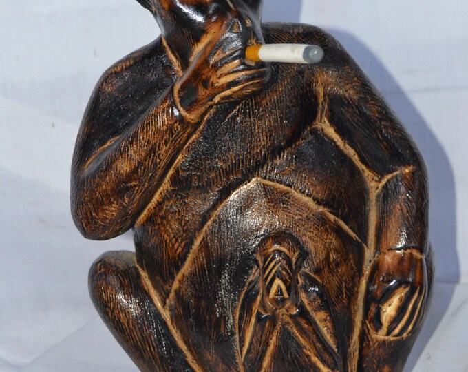 Hand-Carved Wooden Gorilla Smoking Cigarette unique African Folk Art, Home Decor, Gorilla Lover