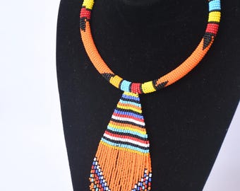 African Orange Beaded Necklace – Multi-Colored Pendant, Zulu Choker
