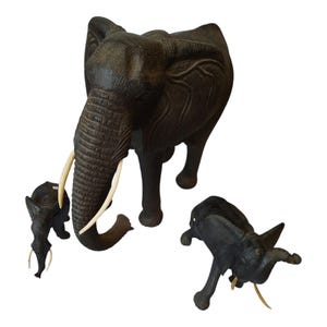 Hand-Carved Ebony Wood Elephant Family Sculpture - African Wildlife Art Decor-Table top console top Art
