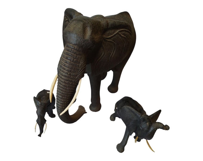 Hand-Carved Ebony Wood Elephant Family Sculpture - African Wildlife Art Decor-Table top console top Art