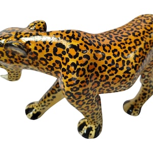 Hand-Painted Wooden Leopard Figurine with Black and Yellow Spots - African Wildlife Art Decor-Table top console top Art
