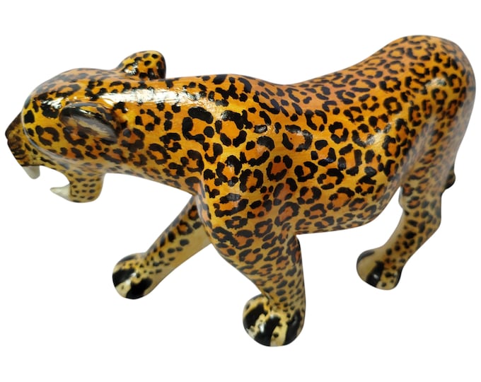 Hand-Painted Wooden Leopard Figurine with Black and Yellow Spots - African Wildlife Art Decor-Table top console top Art
