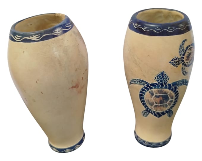 On sale!!Hand-Painted Wooden Vases with Blue Turtle Motif - Set of Two|Traditional Decor| Home Decor