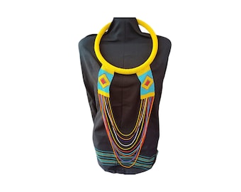 Structured Yellow Maasai Beaded Necklace, Wide African Statement Collar, Cascading Rainbow Fringe Choker, Authentic Ethnic Fashion Gift
