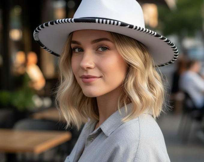 White Wool Fedora Hat with Black & White Beaded Brim - Minimalist Tribal Boho Wide Brim Hat
