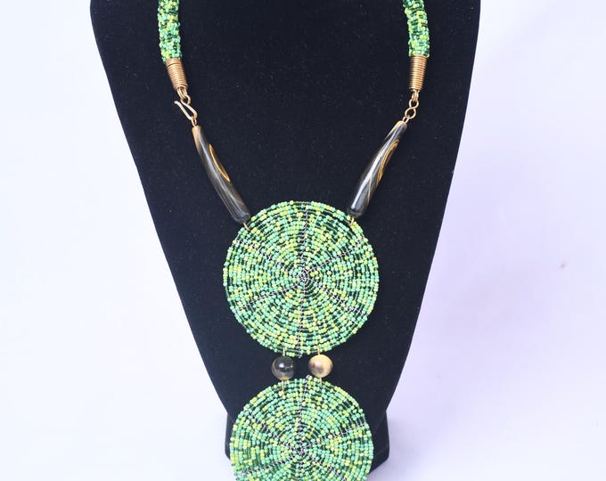 On SALE African Vibrant Green Beaded Necklace with Multi-Toned Disc Pendants - Handcrafted Art | Maasai Necklace | Stylish | Gift for Her