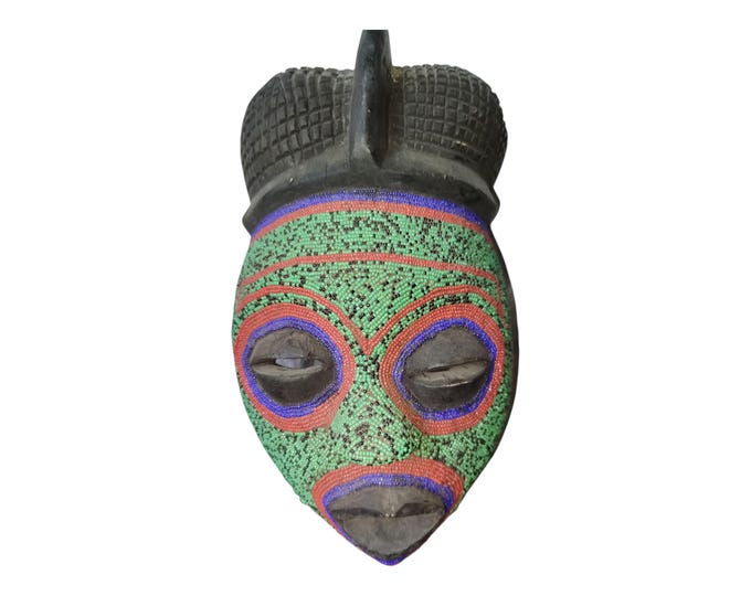 On Sale  Ancestral Serenity: Lulua Green Beaded MaskWall Decor Display Wall Hanging Ceremonial