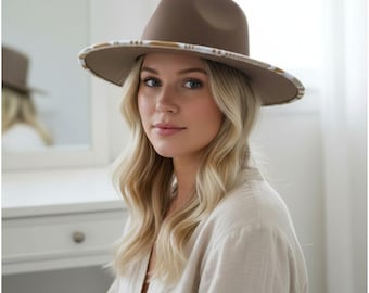 Brown Wool Felt Fedora Hat – Geometric Beaded Brim, Boho Western Style