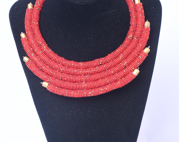 On SALE African Red Gold 5 Tier Beaded necklace | Maasai Necklace | Stylish | Gift for Her | Masai Mara