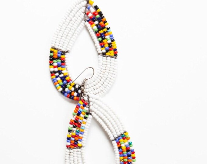 On sale Handcrafted White & Multi-Color Beaded Teardrop Earrings: Maasai-Inspired Jewelry, Unique Wedding Gift for Her, Gold Tone Chic