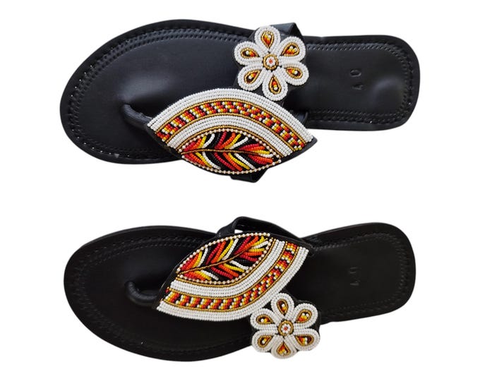 White Leaf Flower Beaded Sandals Women Summer Beach Handmade African Wedding Bday Gift Unique Leather Art Finest Beads Elegant Chic Style