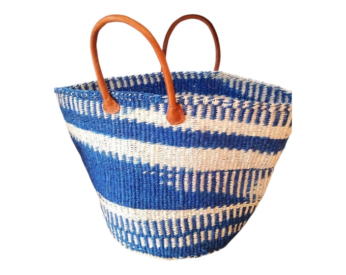 African Sisal Kiondo Handbag Blue and White Beach Bag Handmade Unique Gift African Decor Shopping Bag Laundry Basket Fiber Art