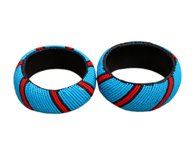 Set of 2 Wide Sky Blue African Beaded Bangles | Red and Black Striped Maasai Bracelets