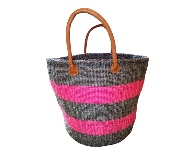 African Sisal Kiondo Handbag Pink Black Beach Bag Handmade Unique Gift African Decor Shopping Bag Laundry Basket