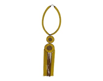 Long Beaded Necklace: African Inspired Disc Pendants & Tassel