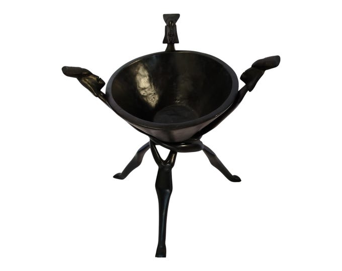 A Hand-Carved Ebony Wood Bowl Stand with Three Maasai-Patterned Heads - African Art Decor | Home decor