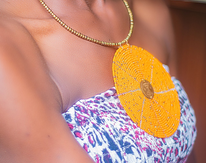 Beaded Orange Pendant African Necklace | Maasai Traditional | Gift for Her